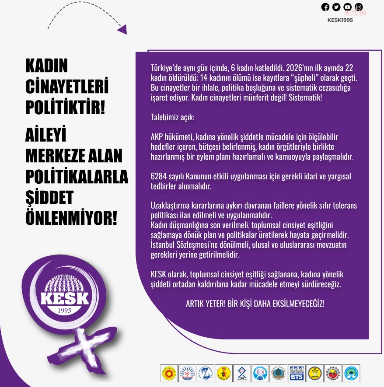 KESK: Kadın cinayetleri politiktir, aileyi merkeze alan politikalarla cinayetler önlenmiyor